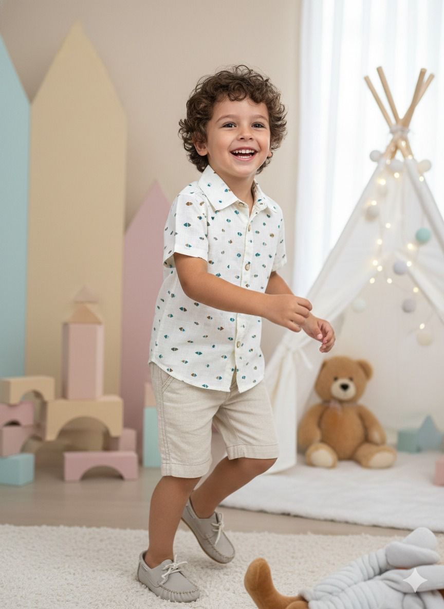 Conjunto Infantil Off de Linho com Camisa e Bermuda Bege para Meninos