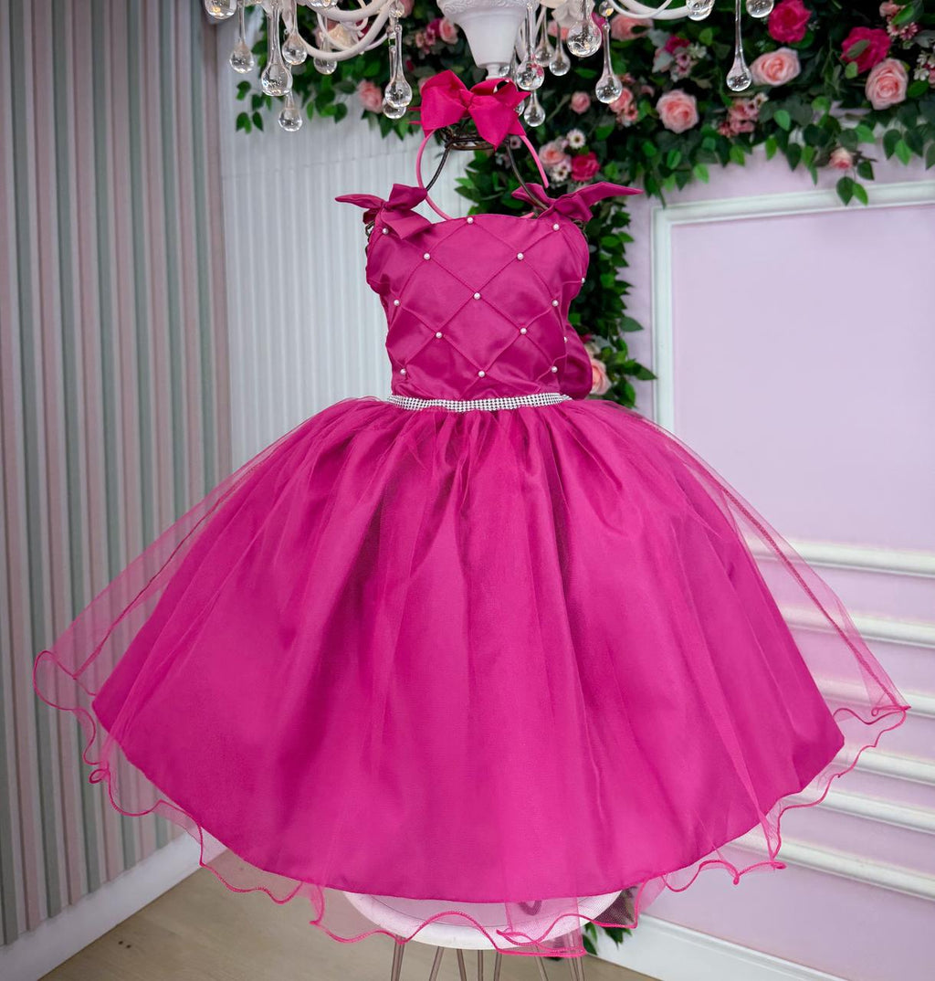 Vestido Infantil Pink em Tule com Detalhes em Pérolas