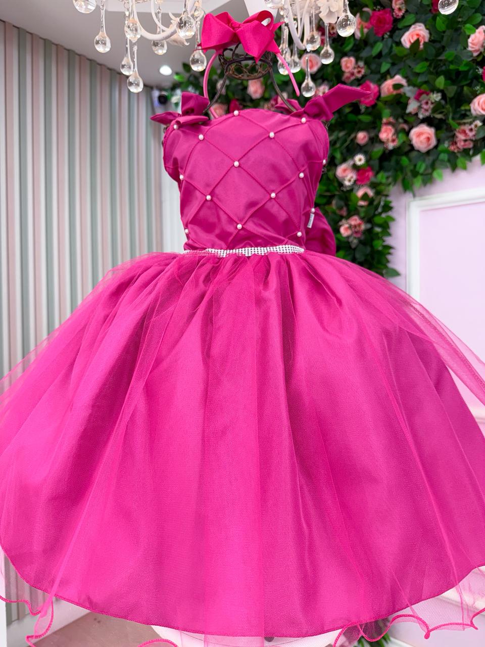 Vestido Infantil Pink em Tule com Detalhes em Pérolas