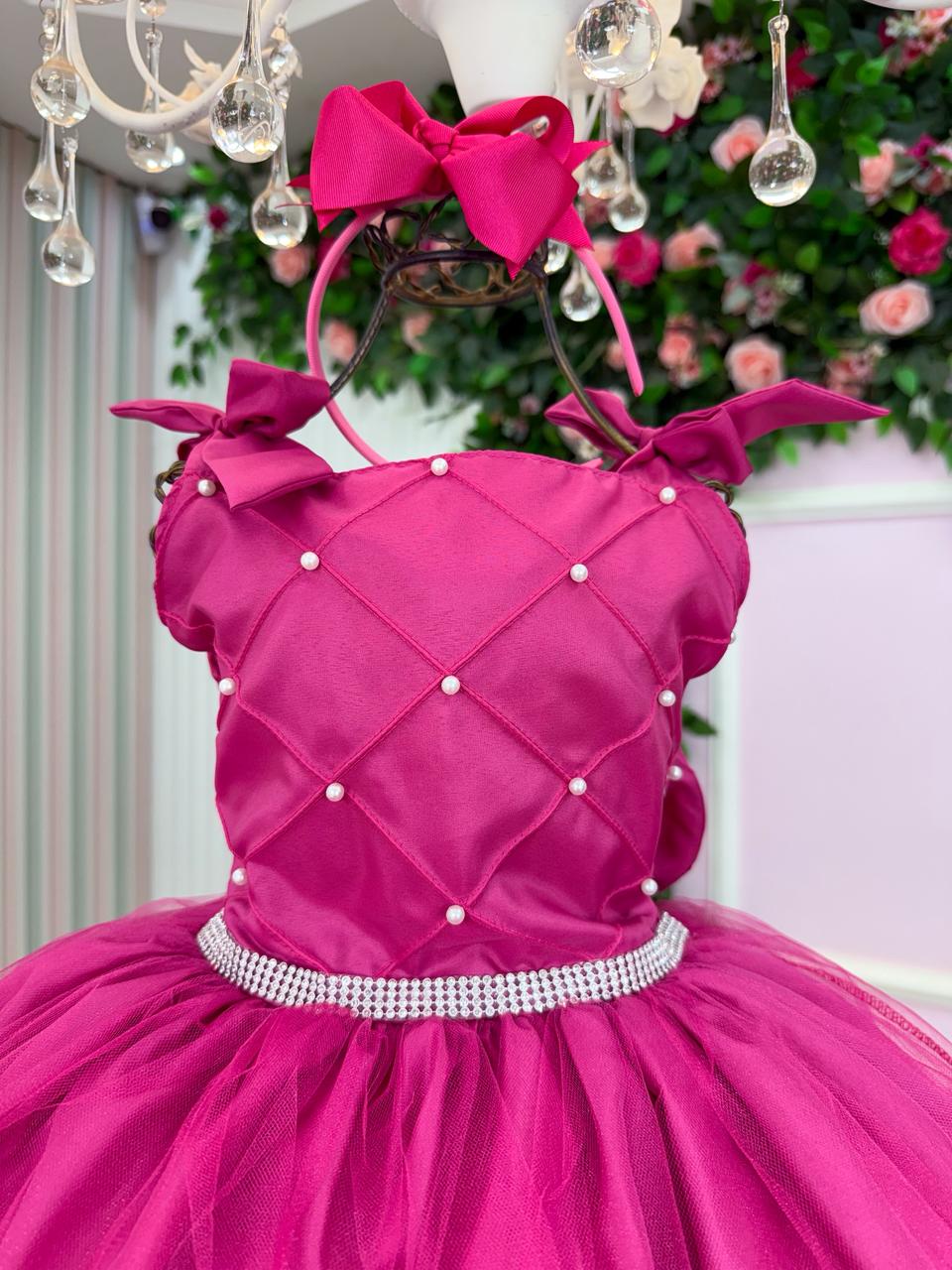 Vestido Infantil Pink em Tule com Detalhes em Pérolas
