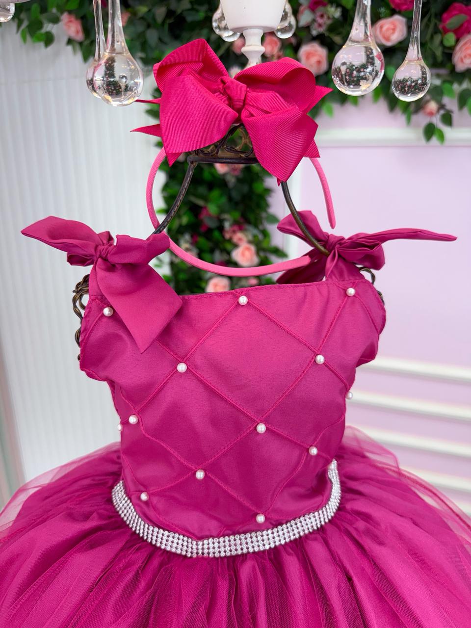 Vestido Infantil Pink em Tule com Detalhes em Pérolas