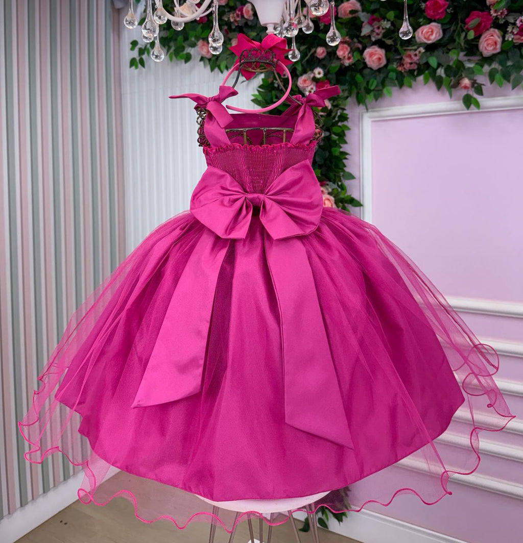 Vestido Infantil Pink em Tule com Detalhes em Pérolas