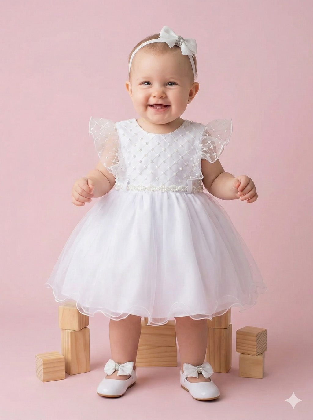 Vestido Infantil Branco em Tule com Detalhes em Pérolas