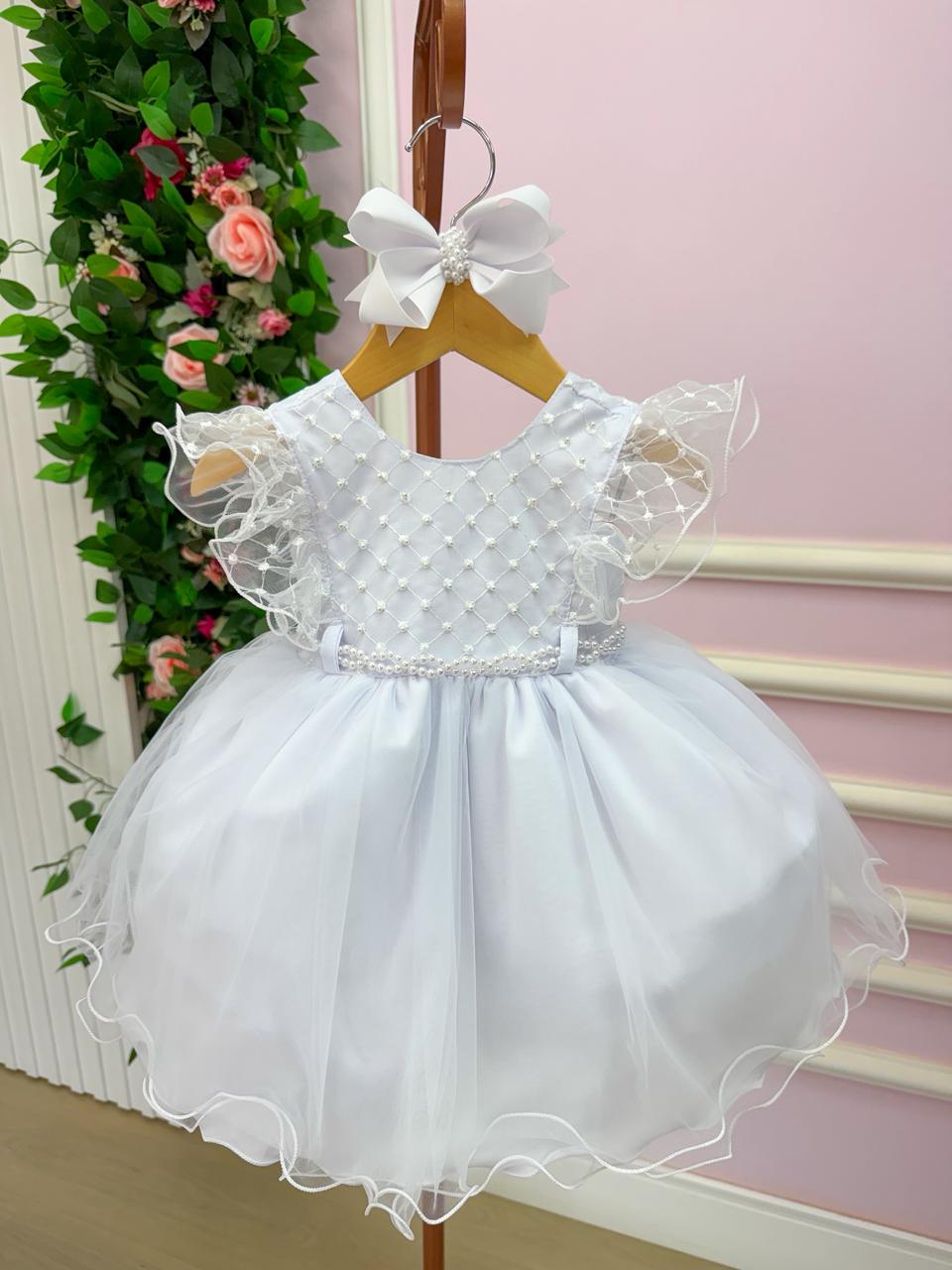 Vestido Infantil Branco em Tule com Detalhes em Pérolas