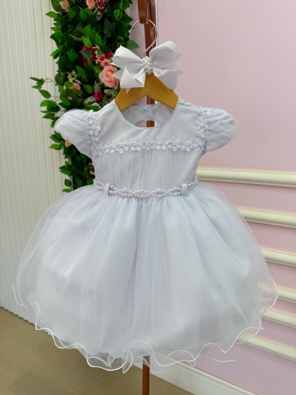 Vestido Infantil Off Tule com Apliques de Flores