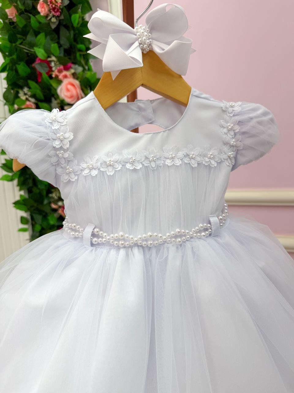 Vestido Infantil Off Tule com Apliques de Flores