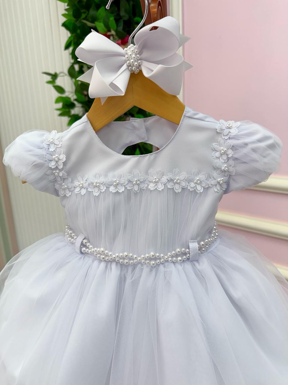 Vestido Infantil Off Tule com Apliques de Flores
