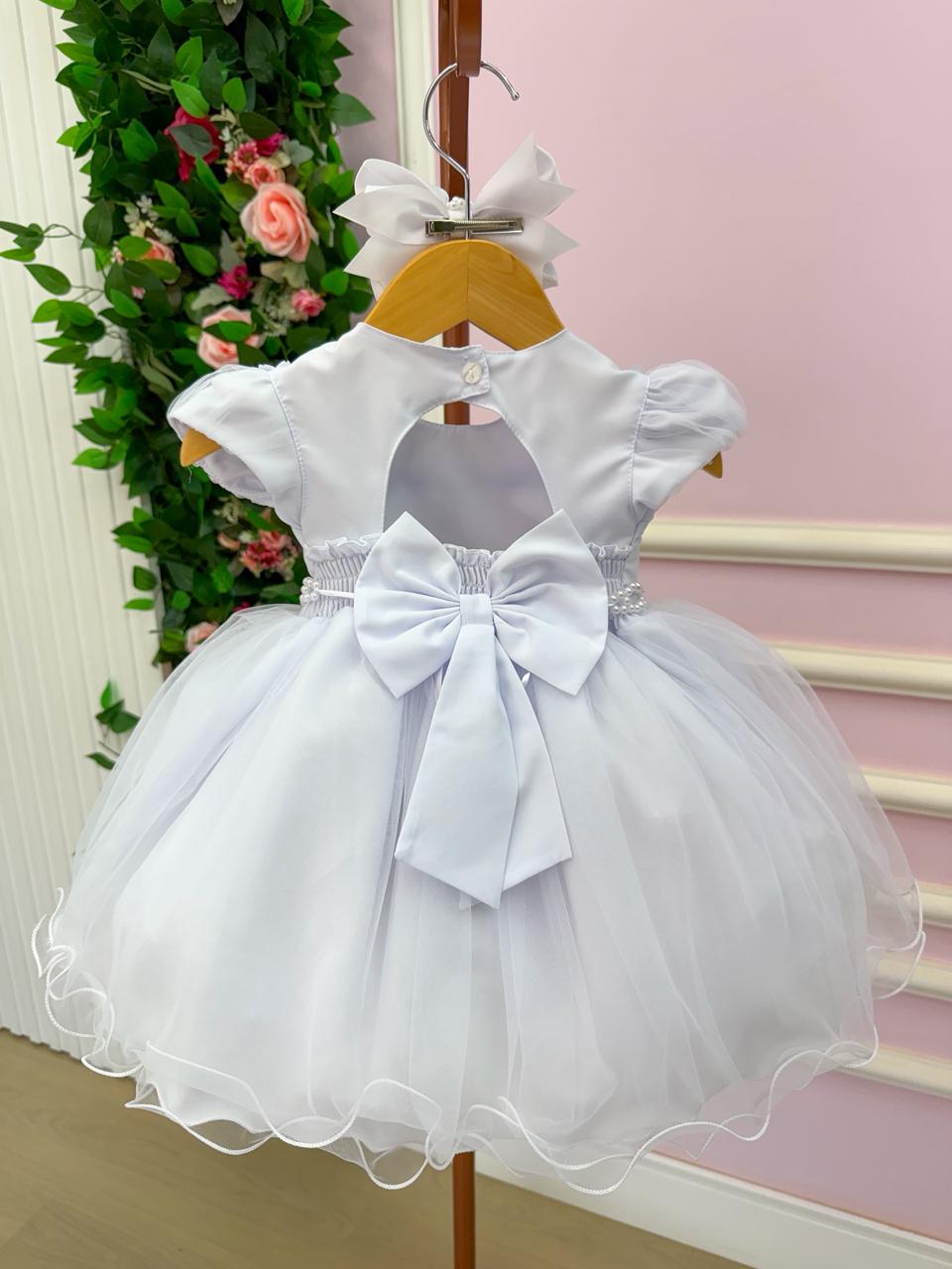 Vestido Infantil Off Tule com Apliques de Flores