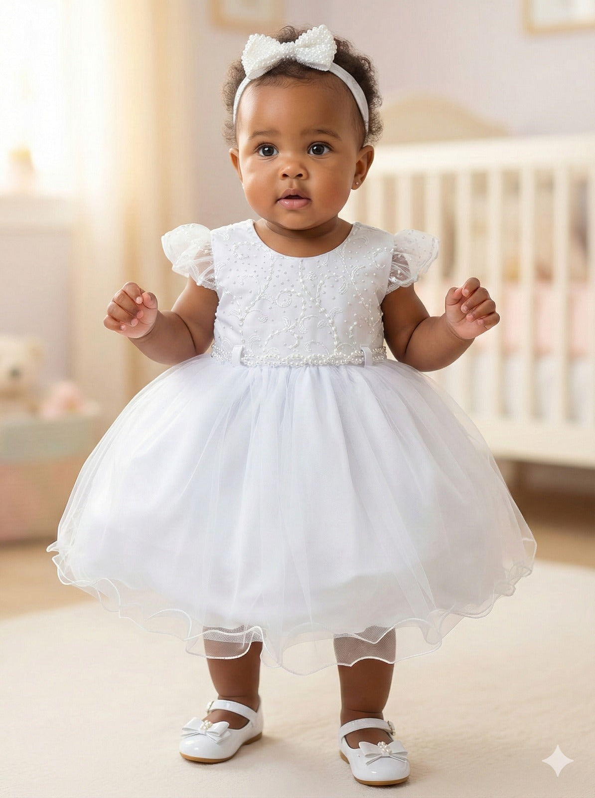 Vestido Infantil Branco em Tule Bordado com Strass