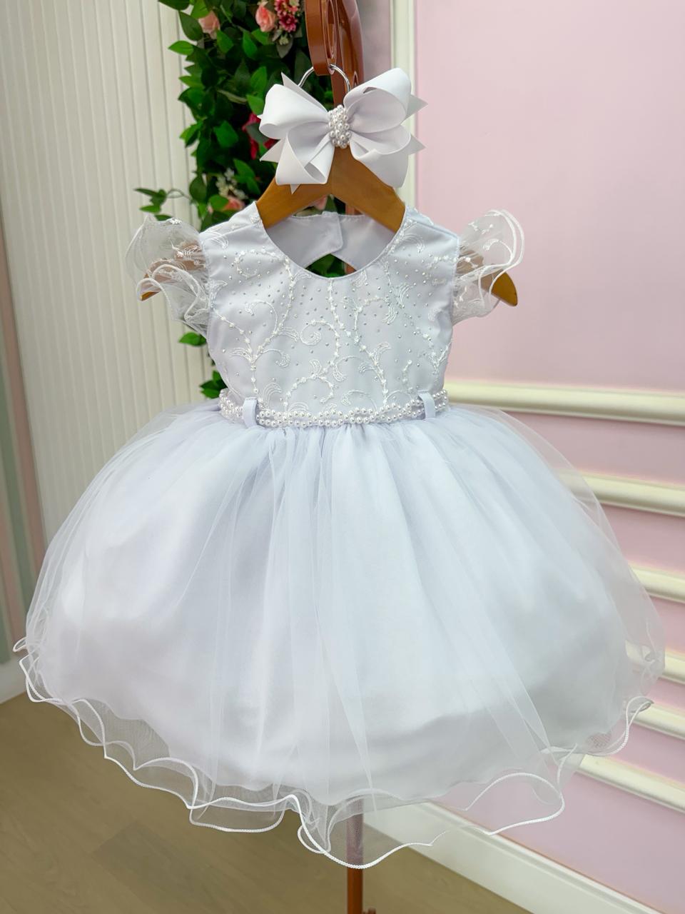 Vestido Infantil Branco em Tule Bordado com Strass
