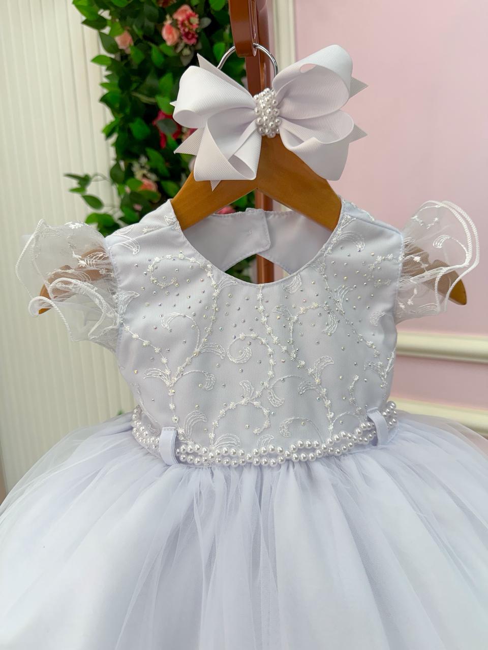 Vestido Infantil Branco em Tule Bordado com Strass
