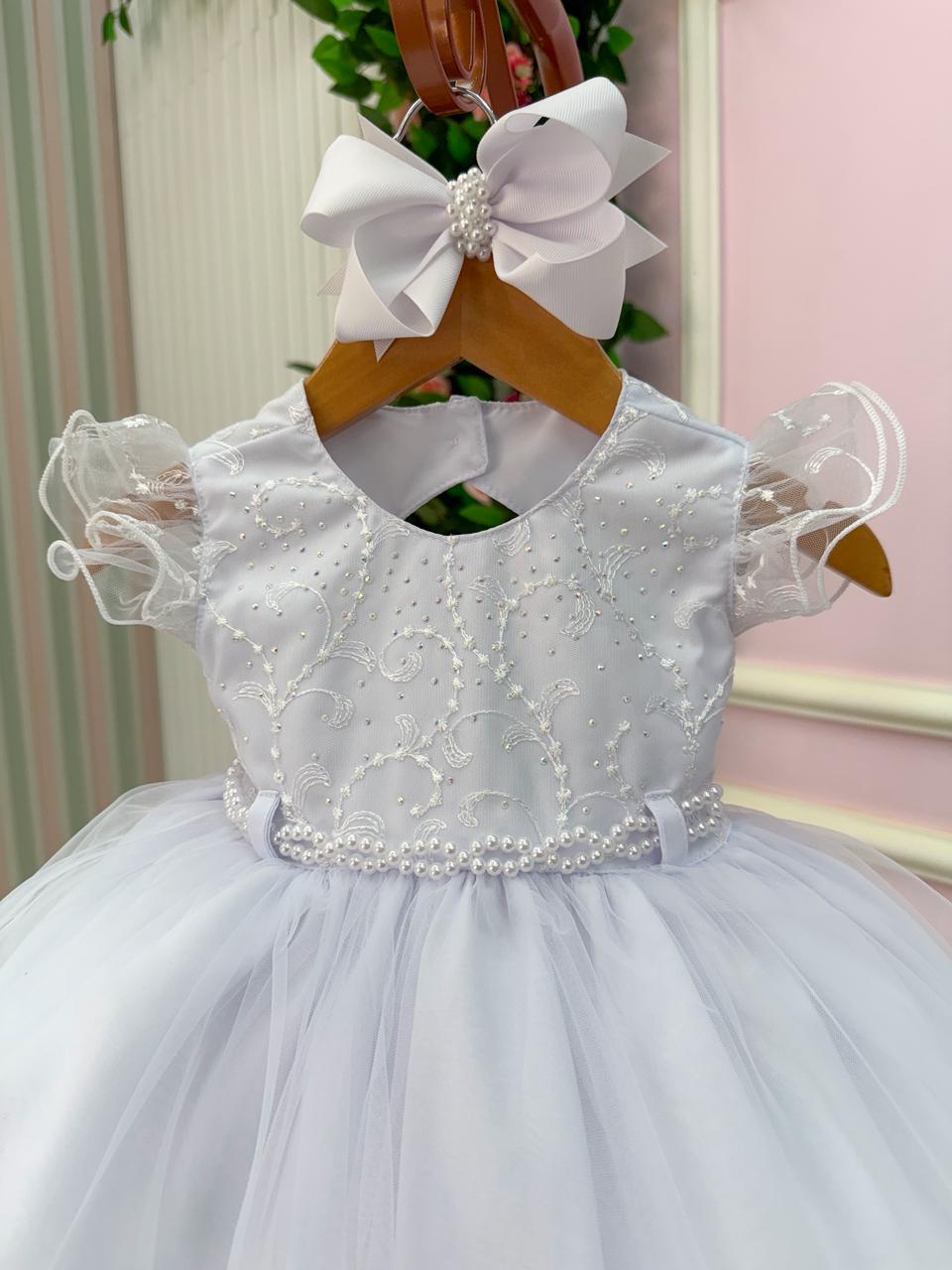 Vestido Infantil Branco em Tule Bordado com Strass