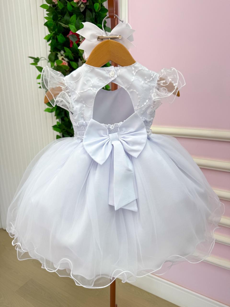 Vestido Infantil Branco em Tule Bordado com Strass