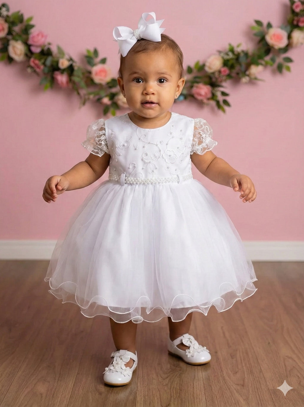 Vestido Infantil Branco em Tule com Pérolas para Eventos Especiais