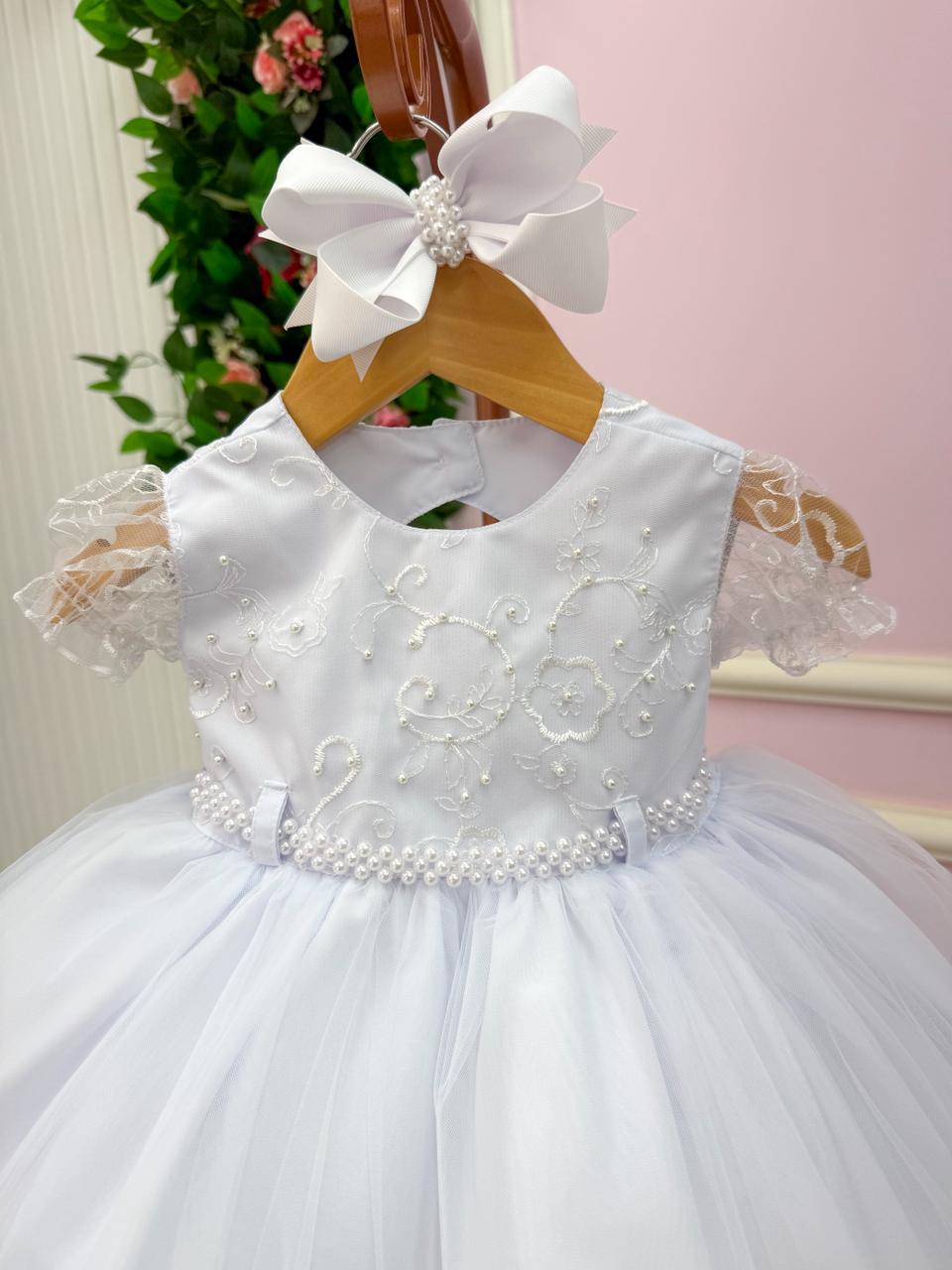 Vestido Infantil Branco em Tule com Pérolas para Eventos Especiais