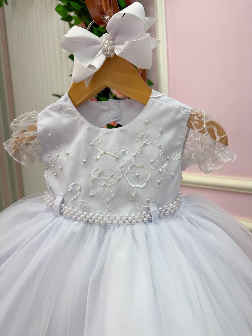Vestido Infantil Branco em Tule com Pérolas para Eventos Especiais