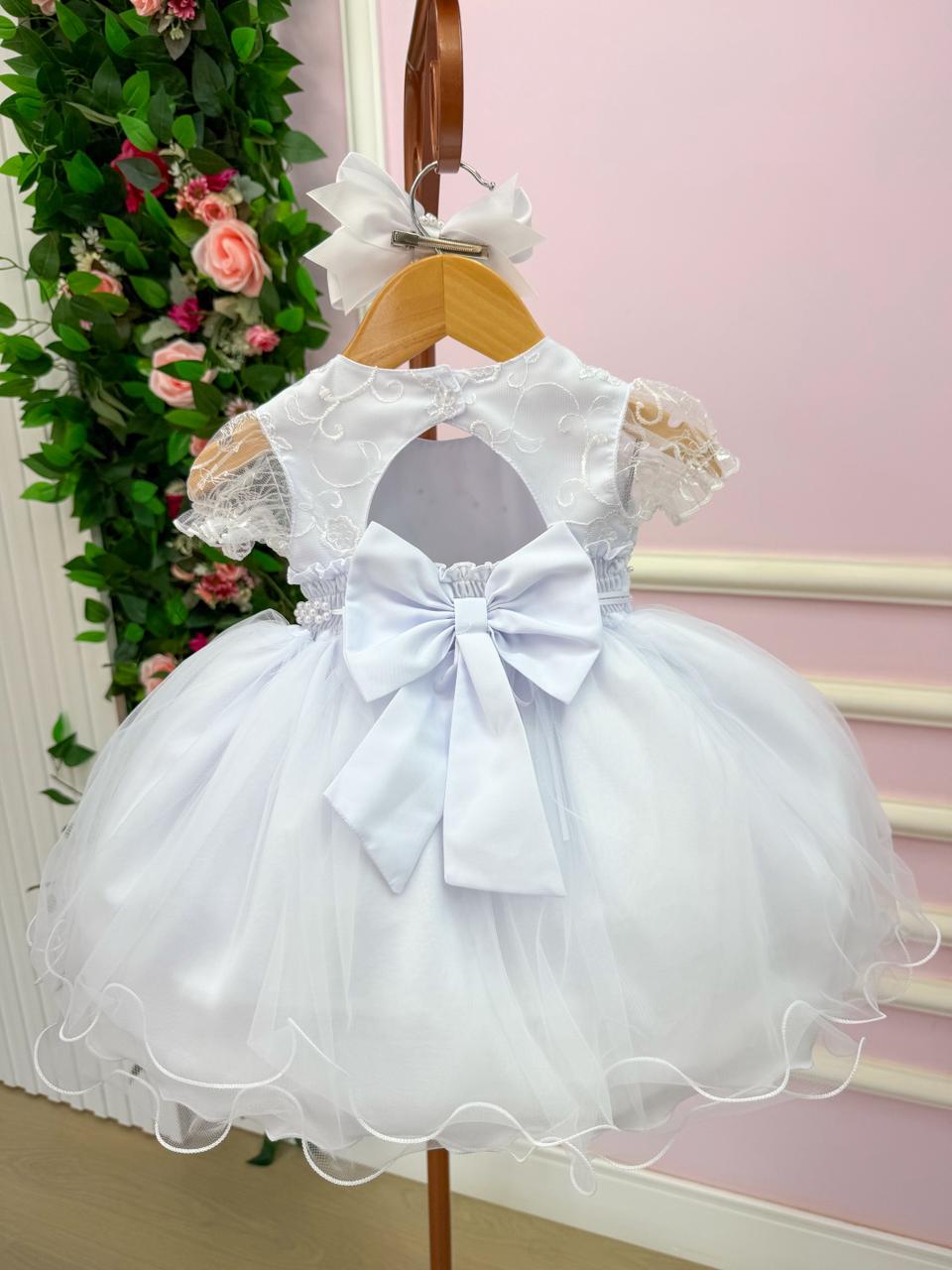 Vestido Infantil Branco em Tule com Pérolas para Eventos Especiais