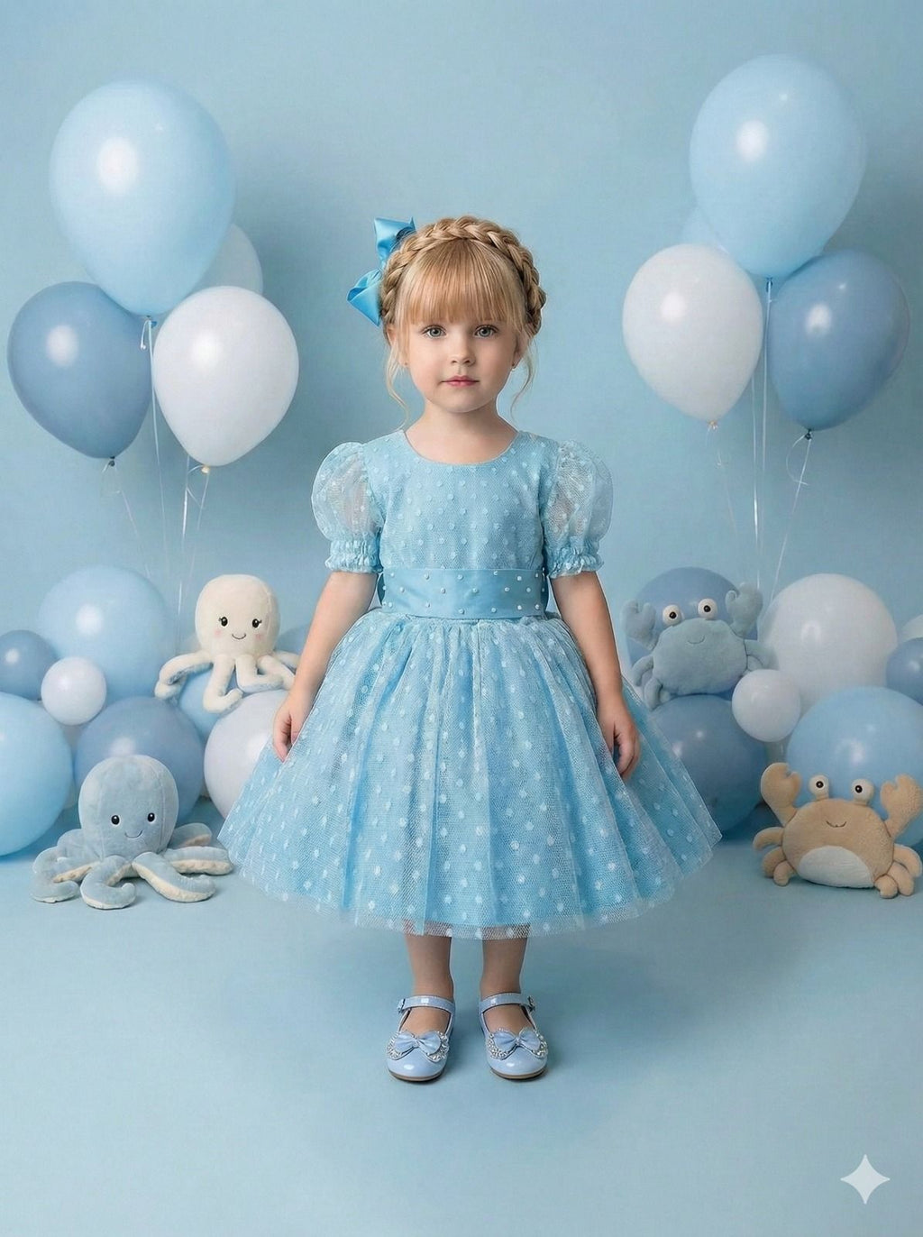 Vestido Infantil Azul Tiffany com Bolinhas e Laço nas Costas