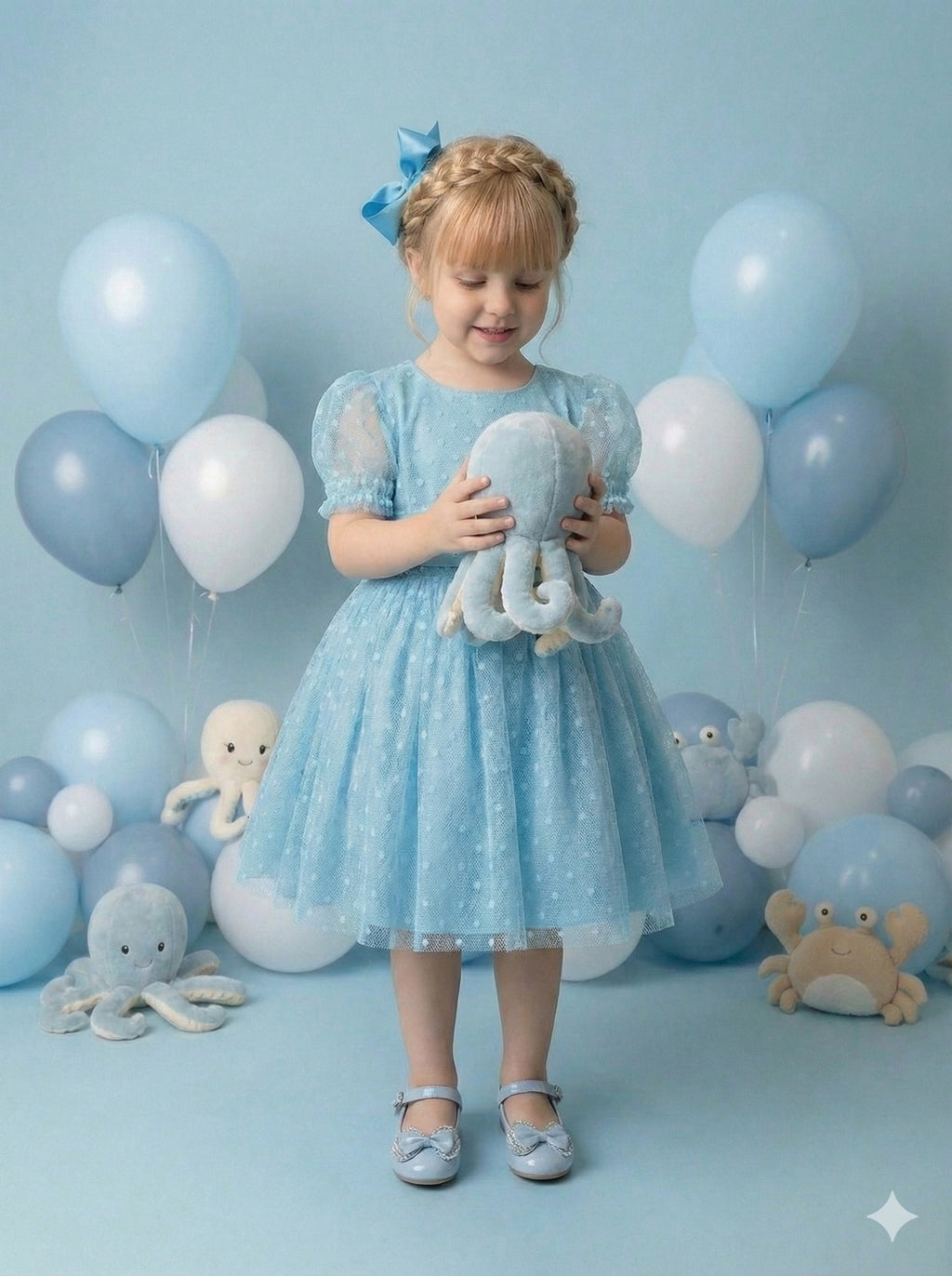 Vestido Infantil Azul Tiffany com Bolinhas e Laço nas Costas