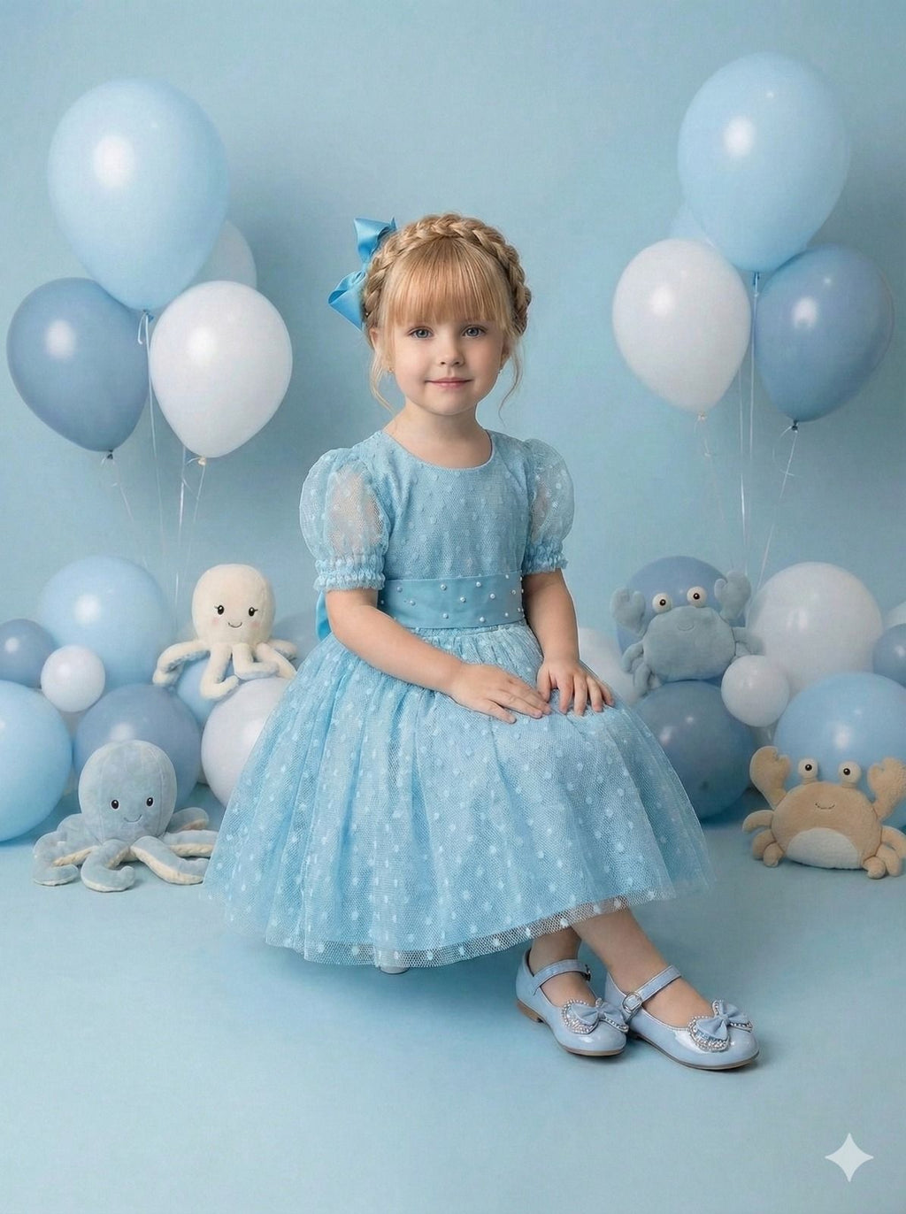 Vestido Infantil Azul Tiffany com Bolinhas e Laço nas Costas