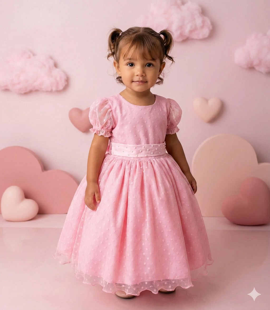 Vestido Rosa Infantil de Bolinhas com Forro em Poliéster e Algodão