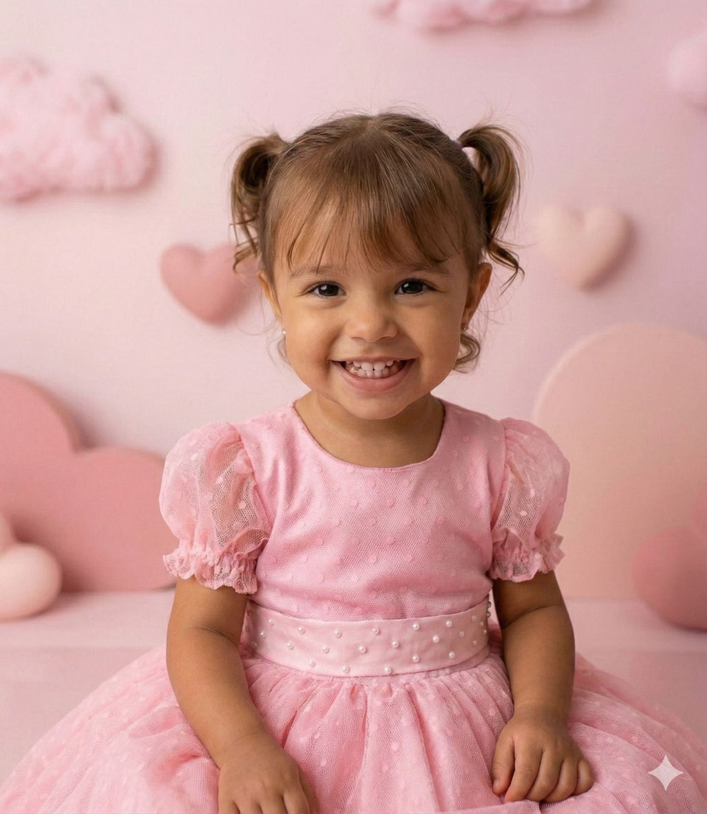 Vestido Rosa Infantil de Bolinhas com Forro em Poliéster e Algodão