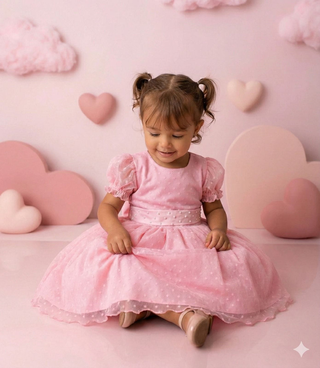 Vestido Rosa Infantil de Bolinhas com Forro em Poliéster e Algodão