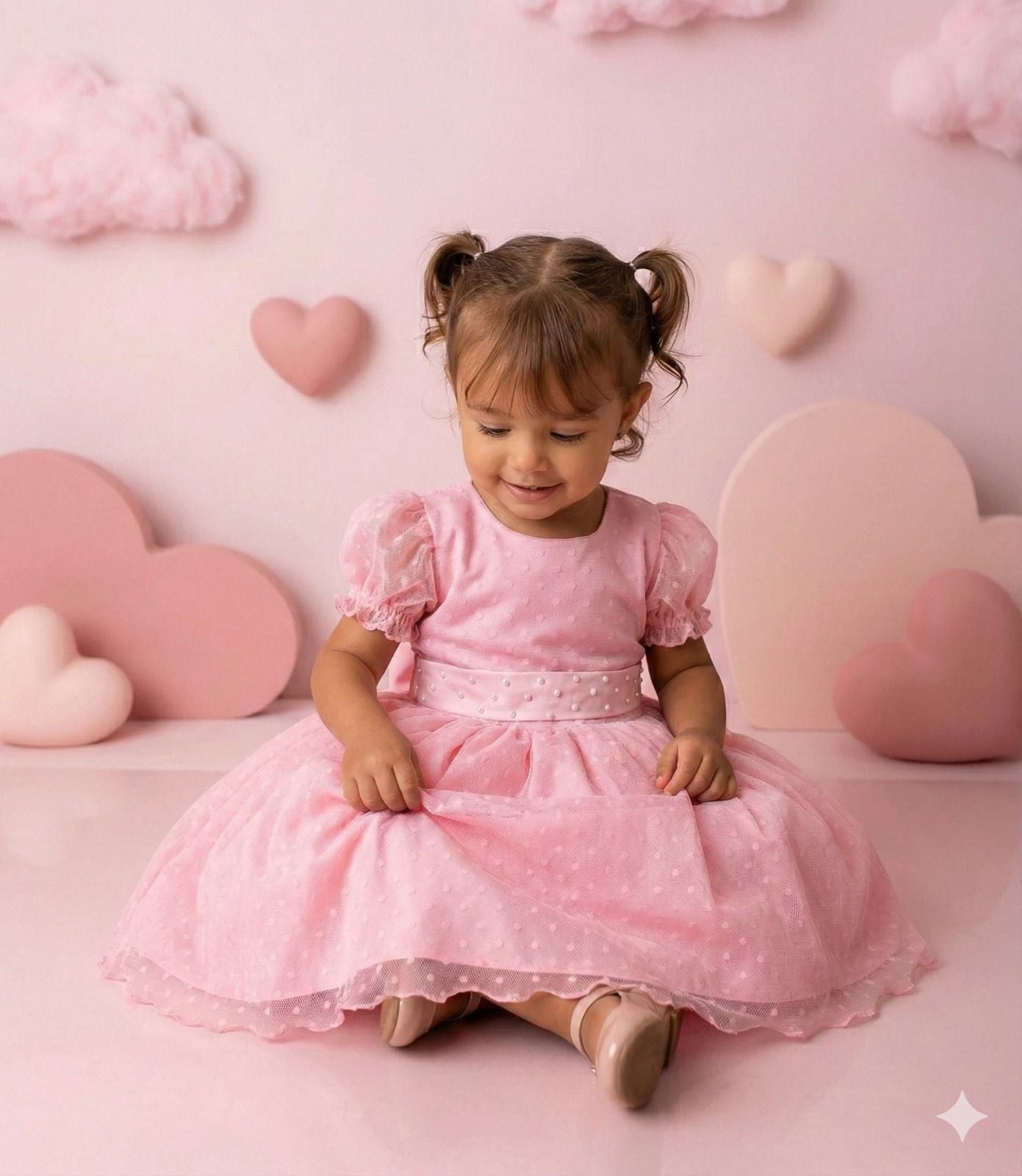 Vestido Rosa Infantil de Bolinhas com Forro em Poliéster e Algodão