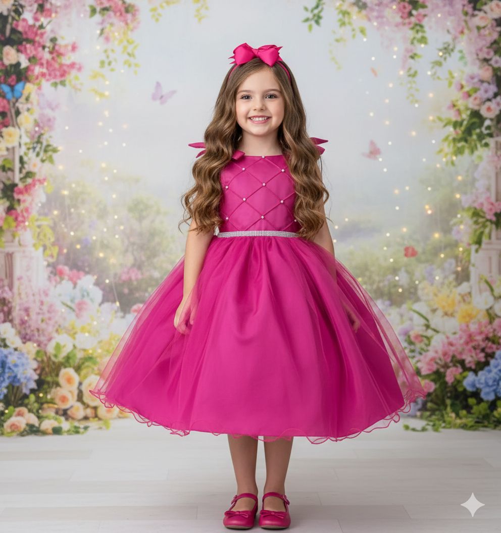 Vestido Infantil Pink em Tule com Detalhes em Pérolas
