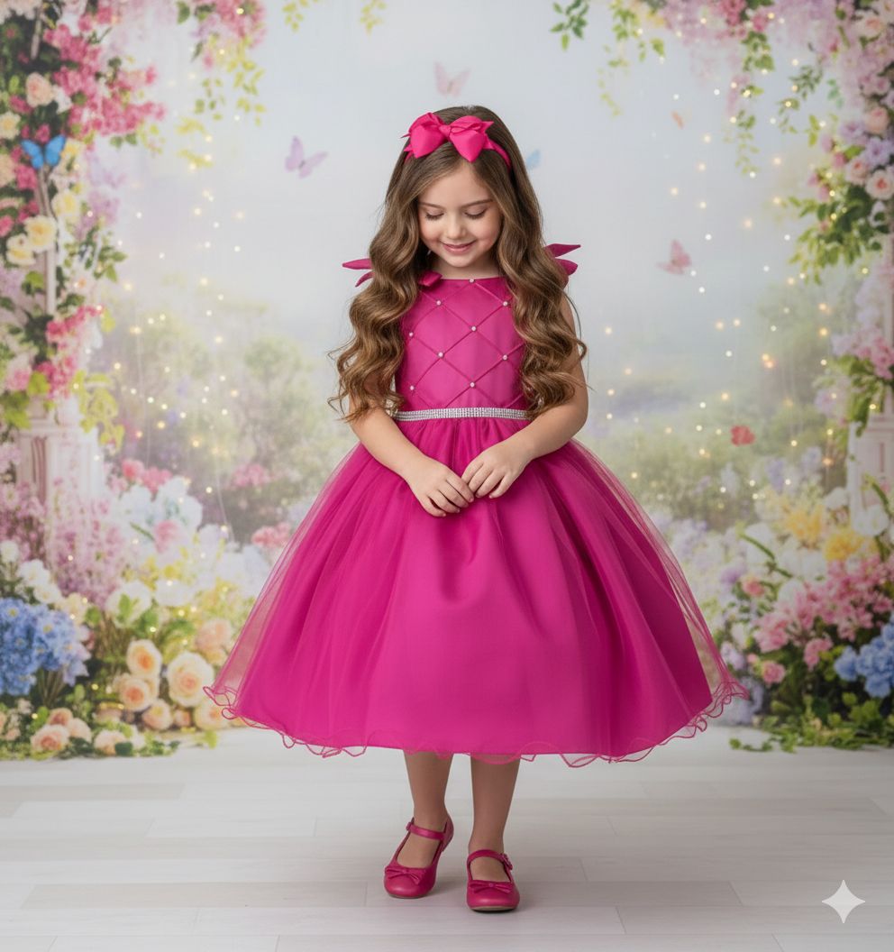Vestido Infantil Pink em Tule com Detalhes em Pérolas