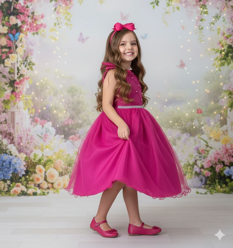 Vestido Infantil Pink em Tule com Detalhes em Pérolas