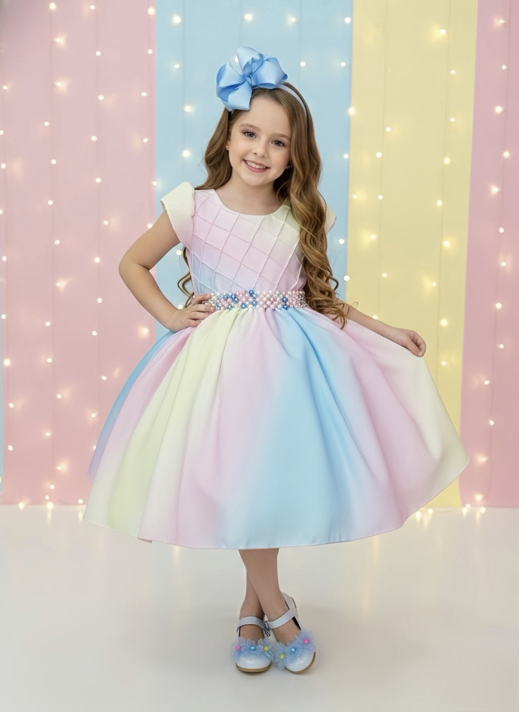 Vestido Infantil Chuva de Amor Colorido Circo Cinto Pérolas
