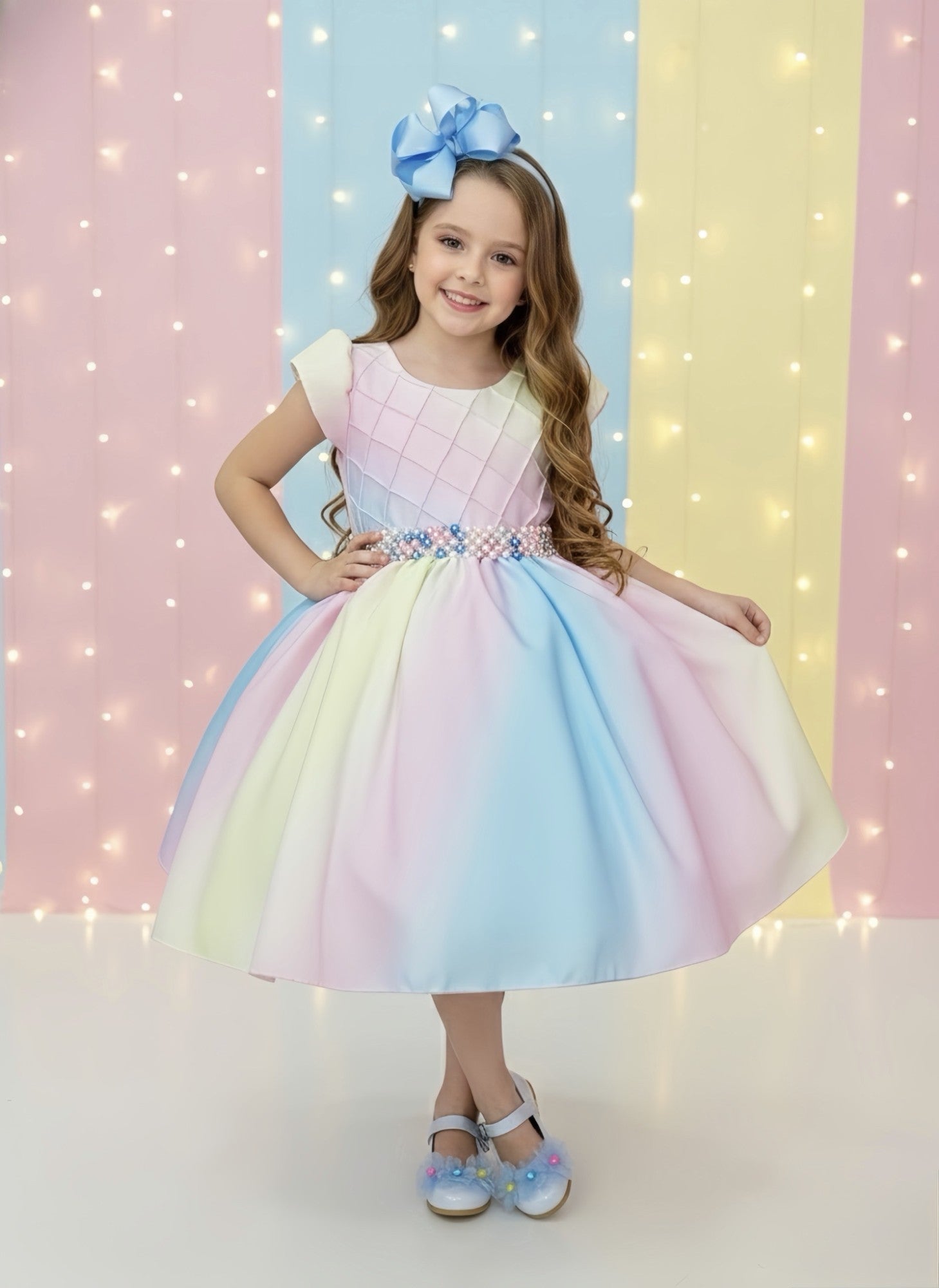 Vestido Infantil Chuva de Amor Colorido Circo Cinto Pérolas