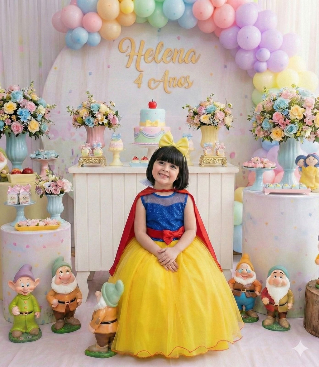 Fantasia Branca de Neve em Tecido 100% Poliéster com Capa e Laço Bico de Pato