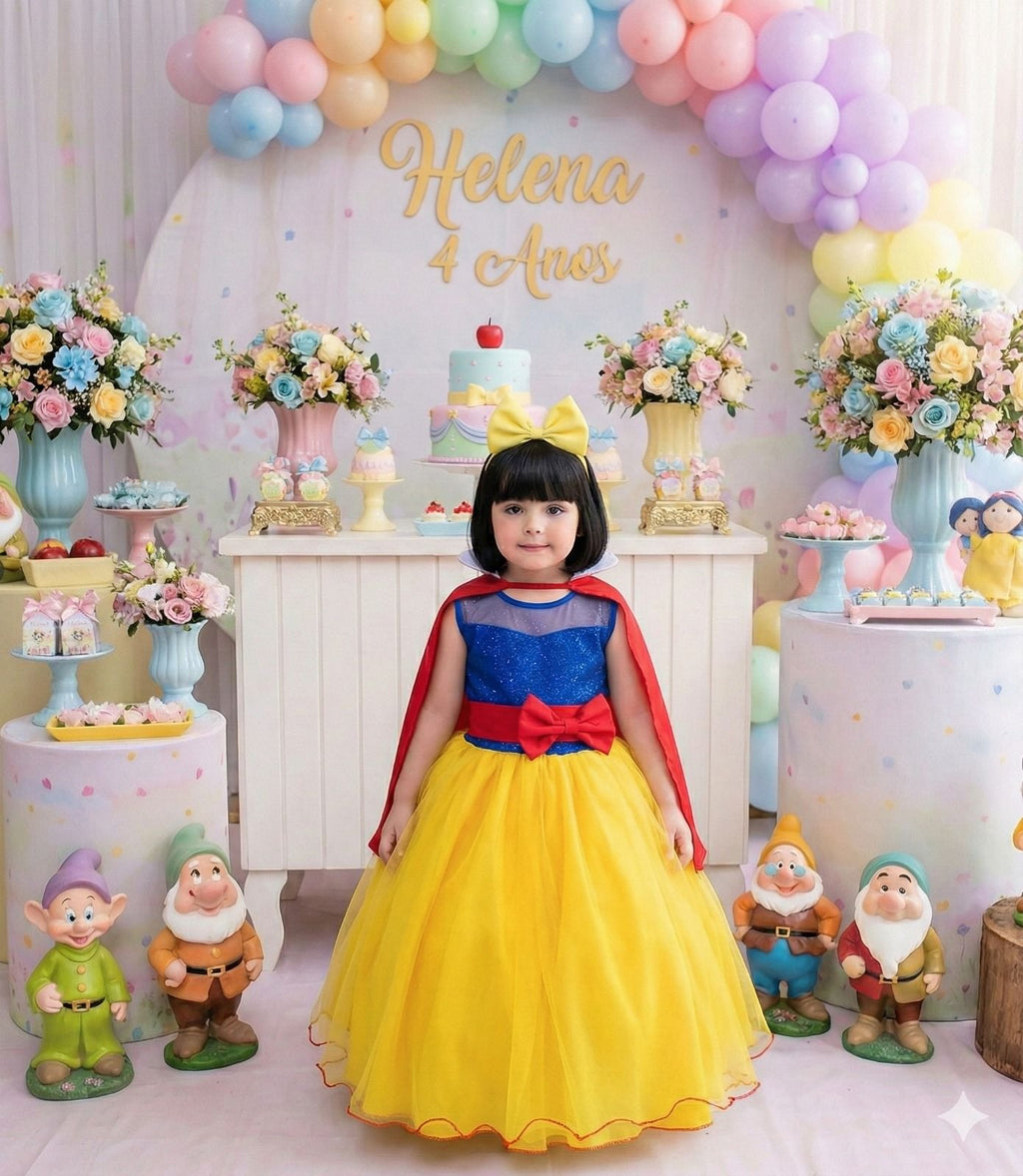 Fantasia Branca de Neve em Tecido 100% Poliéster com Capa e Laço Bico de Pato