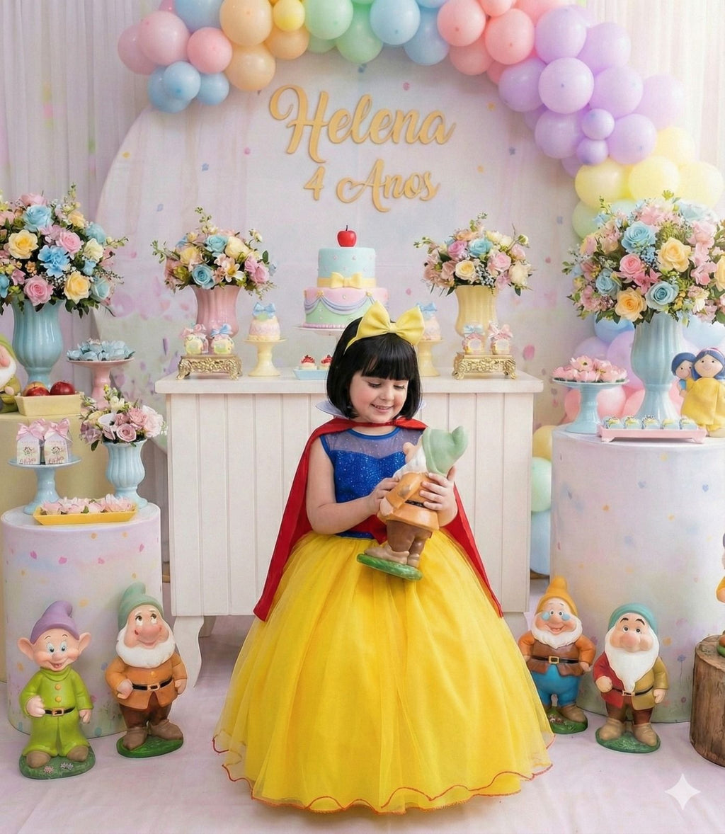 Fantasia Branca de Neve em Tecido 100% Poliéster com Capa e Laço Bico de Pato
