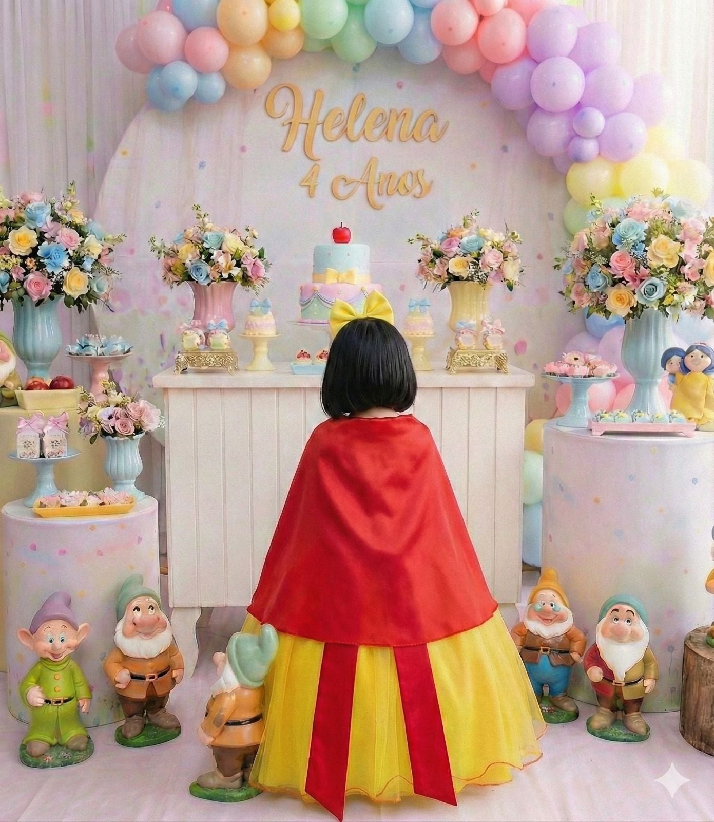 Fantasia Branca de Neve em Tecido 100% Poliéster com Capa e Laço Bico de Pato