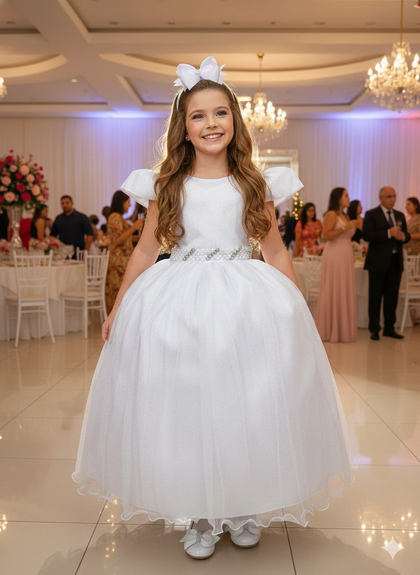 Vestido Heloísa Branco de Tule com Brilho para Daminhas