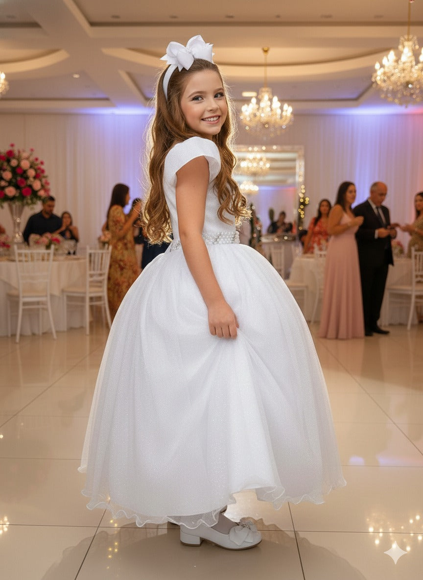 Vestido Heloísa Branco de Tule com Brilho para Daminhas