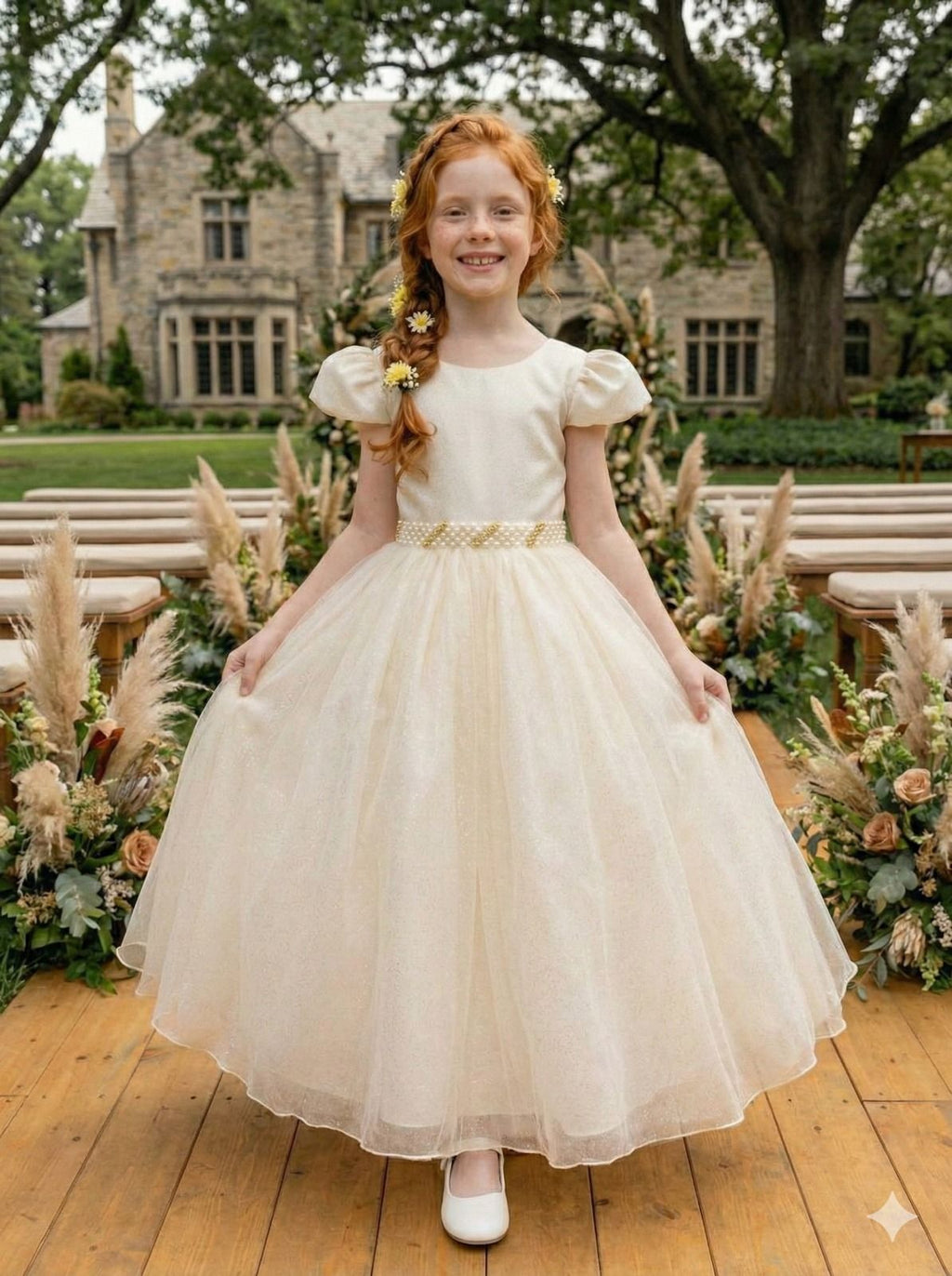 Vestido Heloísa Off em Tule com Brilho Suave para Daminhas e Ocasiões Especiais