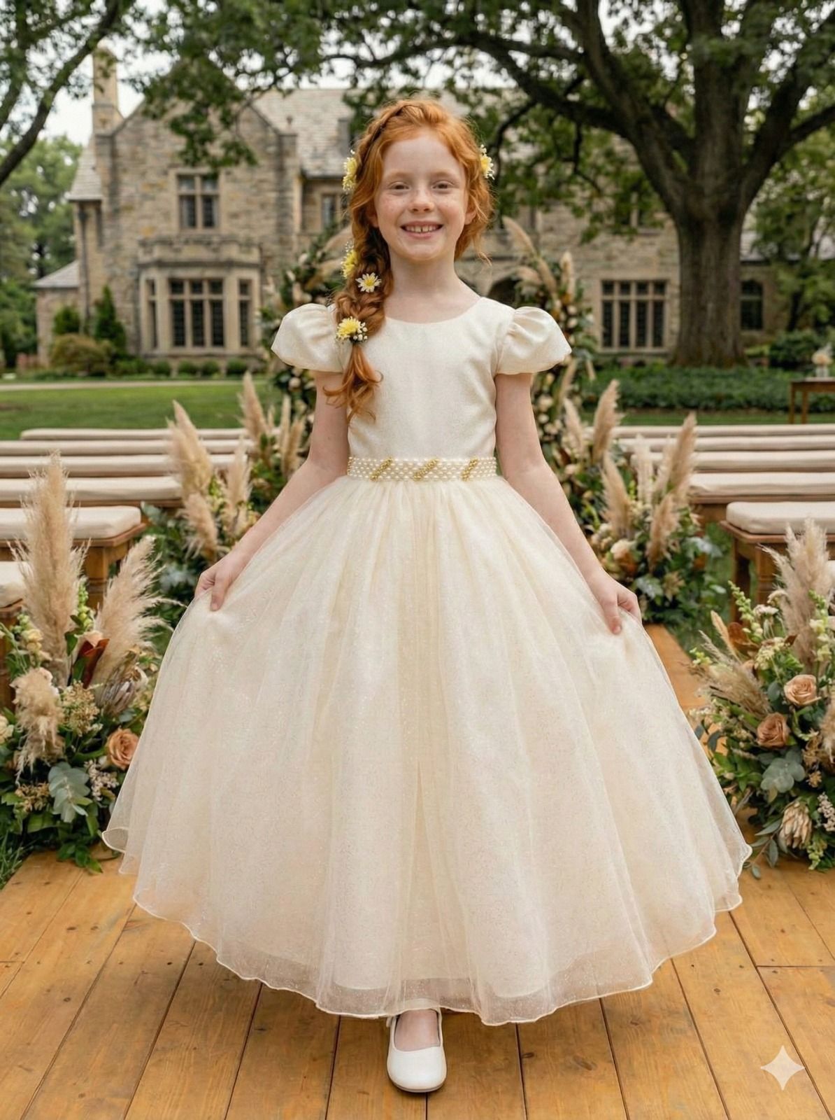 Vestido Heloísa Off em Tule com Brilho Suave para Daminhas e Ocasiões Especiais