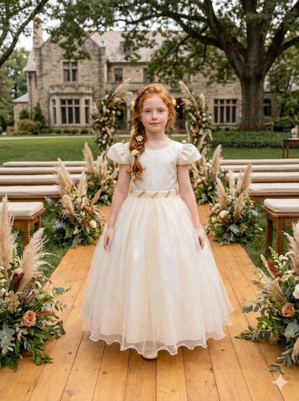 Vestido Heloísa Off em Tule com Brilho Suave para Daminhas e Ocasiões Especiais