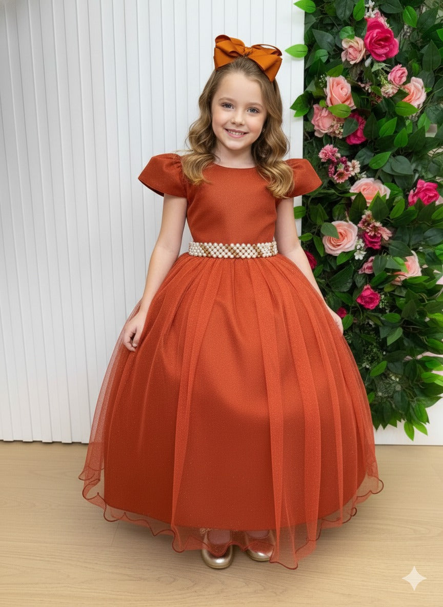 Vestido Heloísa de Tule com Brilho Suave Terracota para Daminhas