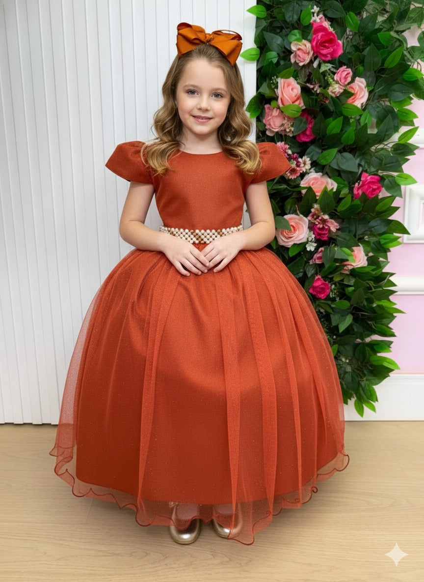 Vestido Heloísa de Tule com Brilho Suave Terracota para Daminhas