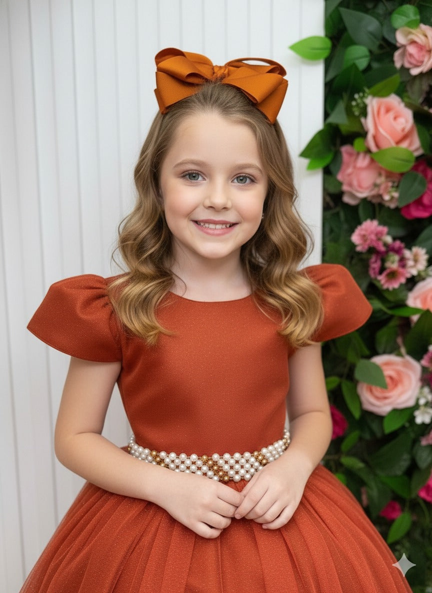 Vestido Heloísa de Tule com Brilho Suave Terracota para Daminhas