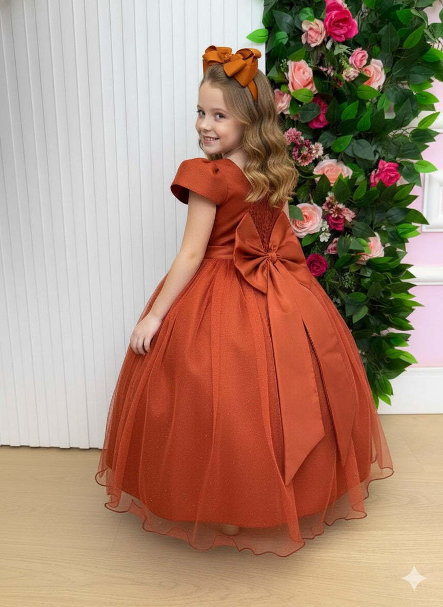 Vestido Heloísa de Tule com Brilho Suave Terracota para Daminhas