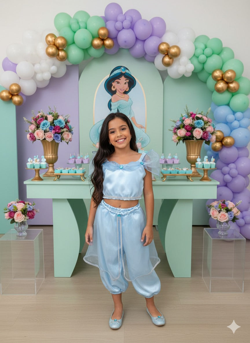 Fantasia Princesa Azul Bebê em Tecido Cetim 100% Poliéster