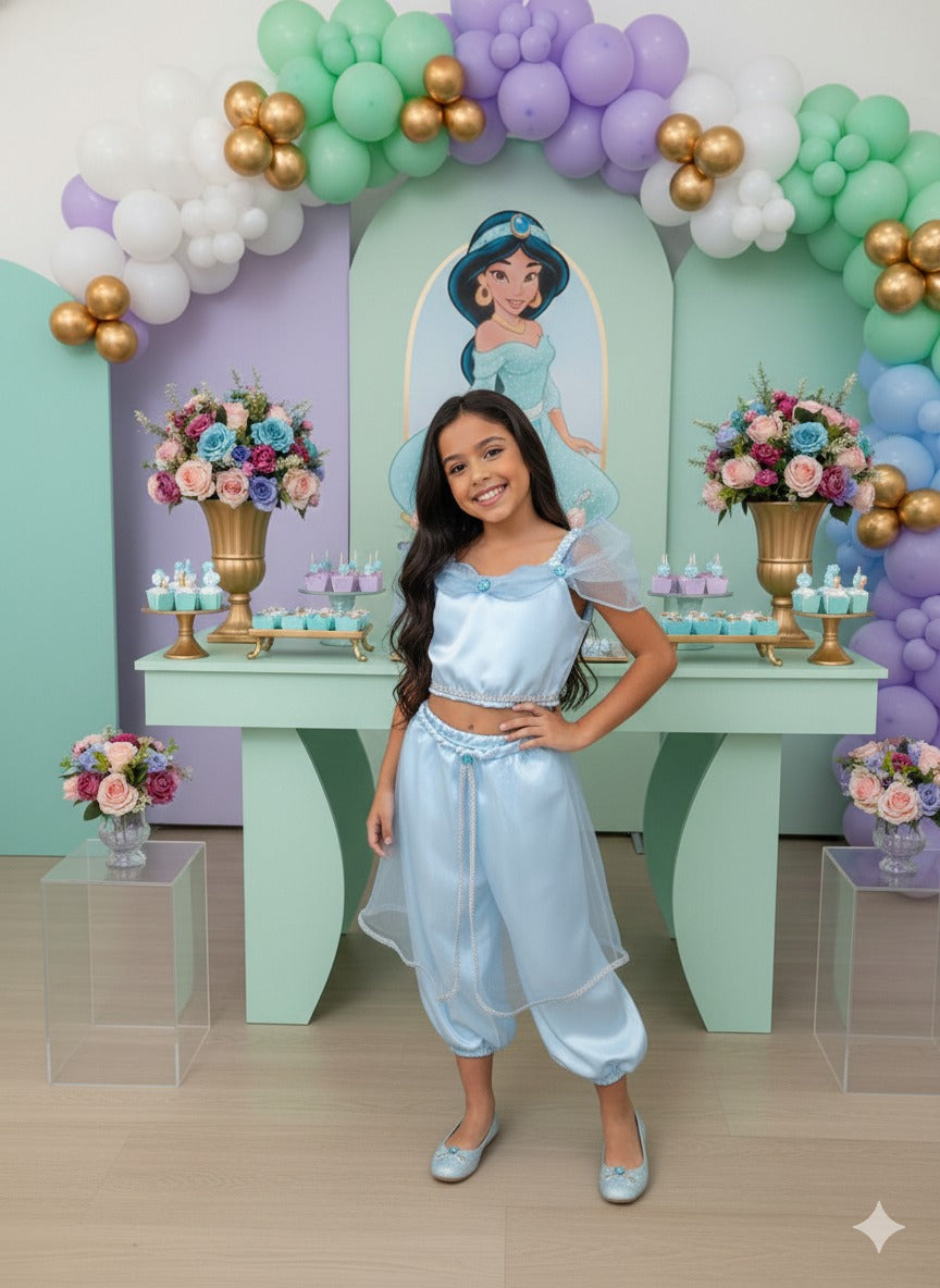 Fantasia Princesa Azul Bebê em Tecido Cetim 100% Poliéster