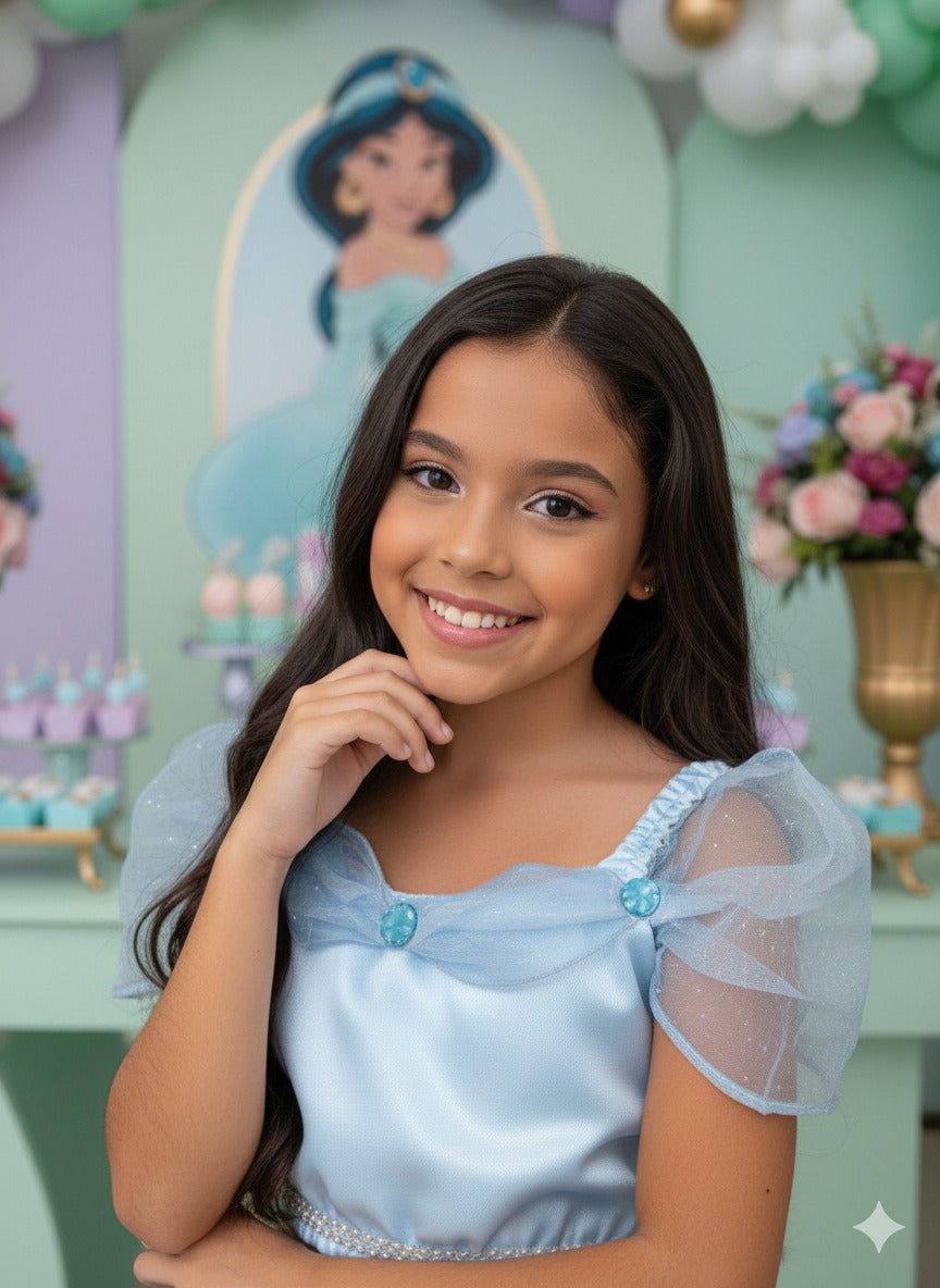 Fantasia Princesa Azul Bebê em Tecido Cetim 100% Poliéster