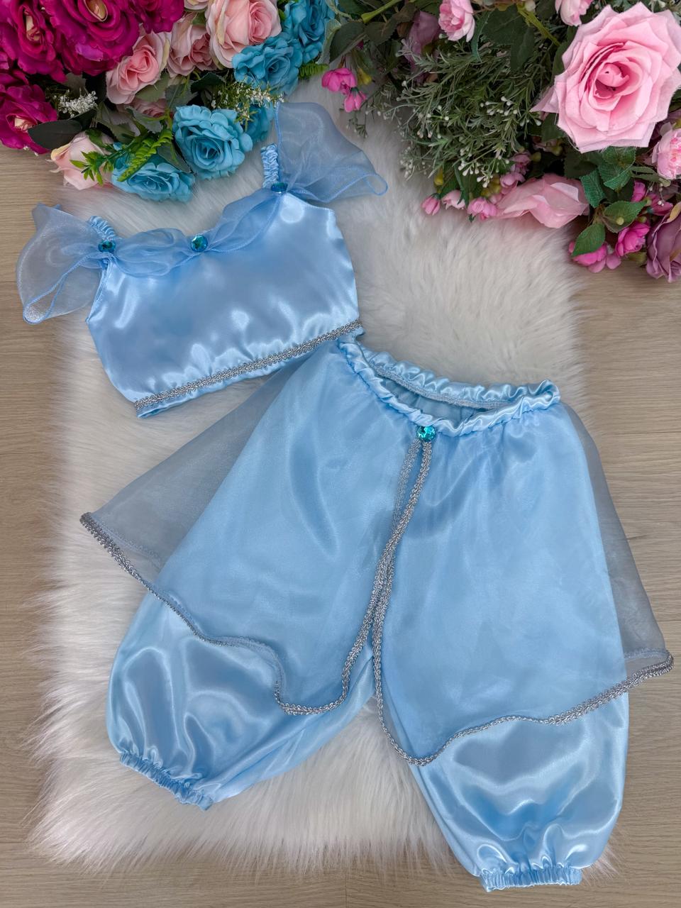 Fantasia Princesa Azul Bebê em Tecido Cetim 100% Poliéster